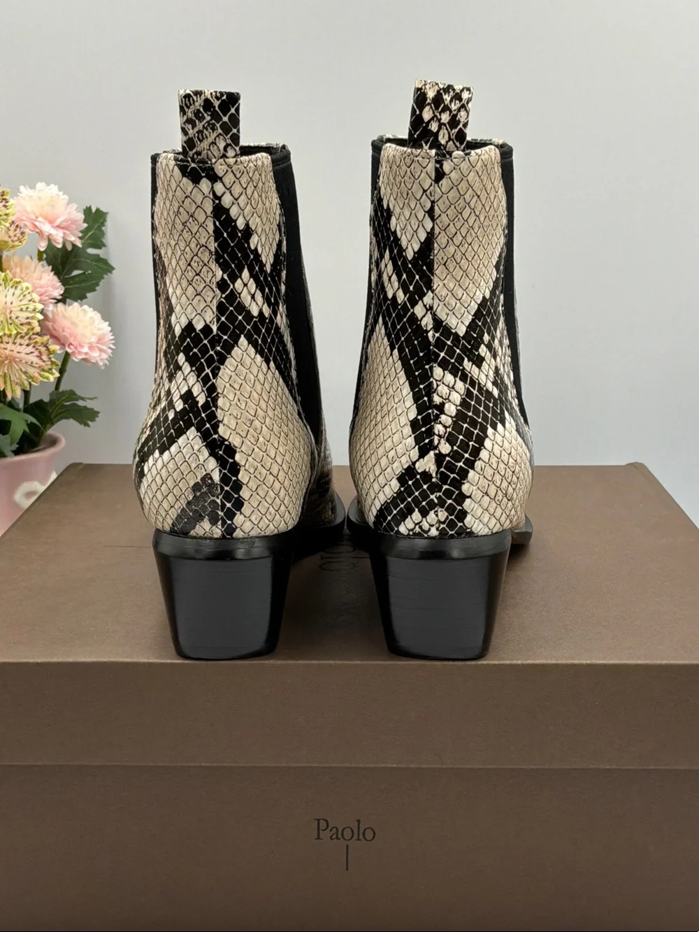 Paolo Black & Cream Snake-Print Chelsea Ankle Boots